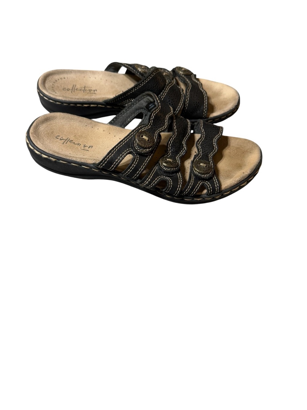 Clarks Collection Leisa Cacti Q Black Leather Slide Sandals Size 6.5 Comfort